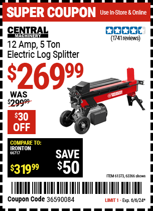 Buy the CENTRAL MACHINERY 5 ton Log Splitter (Item 63366/61373) for $269.99, valid through 6/6/2024.