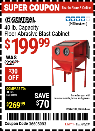 Buy the CENTRAL PNEUMATIC 40 lb. Capacity Floor Blast Cabinet (Item 68893/62144) for $199.99, valid through 6/6/2024.