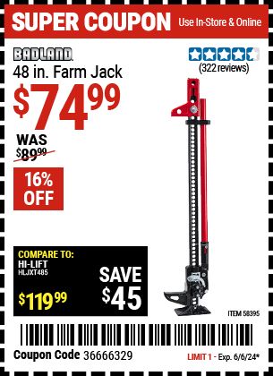 Buy the BADLAND 48 in. Trail Jack (Item 58395) for $74.99, valid through 6/6/2024.