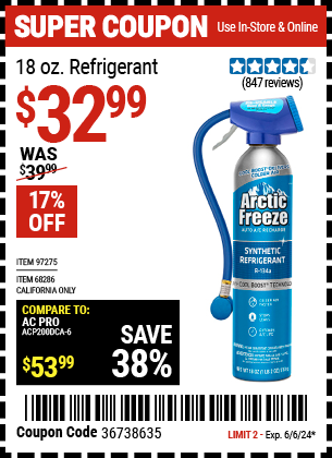 Buy the ARCTIC FREEZE 18 Oz. Refrigerant With Dispenser And Gauge, CARB Certified (Item 68286/97275) for $32.99, valid through 6/6/2024.