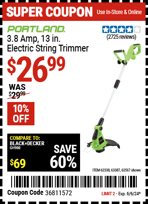 Buy the PORTLAND 13 in. Electric String Trimmer (Item 62567/62338/63387) for $26.99, valid through 6/6/2024.