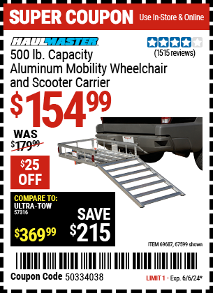 Buy the HAUL-MASTER 500 Lbs. Capacity Aluminum Mobility Wheelchair and Scooter Carrier (Item 67599/69687) for $154.99, valid through 6/6/2024.