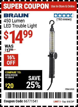 Buy the BRAUN 450 Lumen LED Trouble Light (Item 63920) for $14.99, valid through 6/6/2024.