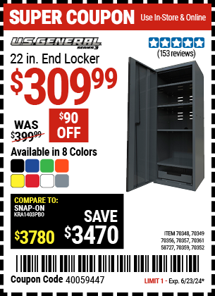 Buy the U.S. GENERAL 22 in. End Locker, Series 3 (Item 58727/70348/70349/70352/70356/70357/70359/70361) for $309.99, valid through 6/23/2024.