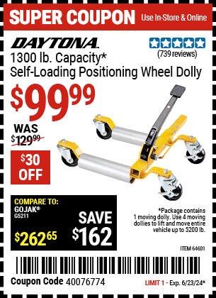 Buy the DAYTONA 1300 lb. Self-Loading Positioning Wheel Dolly (Item 64601) for $99.99, valid through 6/23/2024.