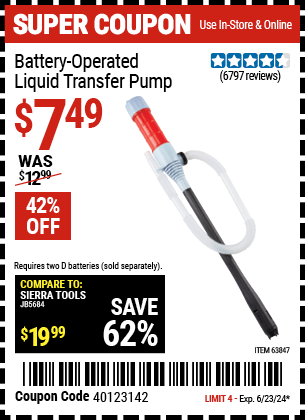 Buy the Battery-Operated Liquid Transfer Pump (Item 63847) for $7.49, valid through 6/23/2024.