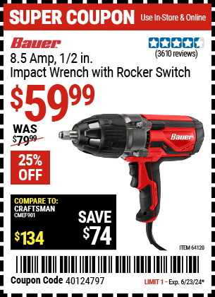 Buy the BAUER 8.5 Amp, 1/2 in. Variable Speed Extreme Torque Impact Wrench with Rocker Switch (Item 64120) for $59.99, valid through 6/23/2024.