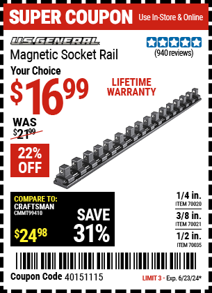 Buy the U.S. GENERAL Magnetic Socket Rail (Item 70020/70021/70035) for $16.99, valid through 6/23/2024.