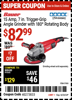Buy the BAUER Corded 7 in. 15 Amp Angle Grinder With 180° Rotating Body (Item 57003) for $82.99, valid through 6/23/2024.