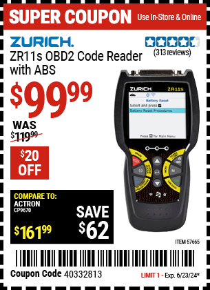 Buy the ZURICH ZR11s OBD2 Code Reader with ABS (Item 57665) for $99.99, valid through 6/23/2024.