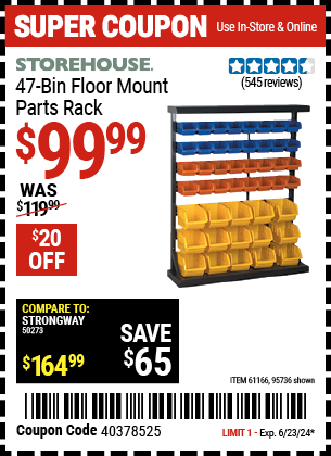 Buy the STOREHOUSE 47 Bin Floor Mount Parts Rack (Item 95736/61166) for $99.99, valid through 6/23/2024.
