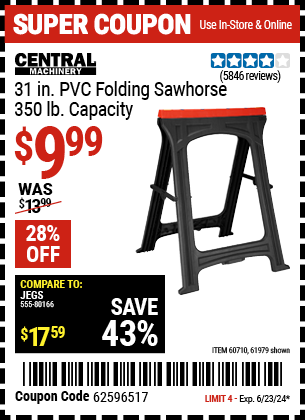Buy the CENTRAL MACHINERY 31 in. PVC Folding Sawhorse, 350 lb. Capacity (Item 61979/60710) for $9.99, valid through 6/23/2024.