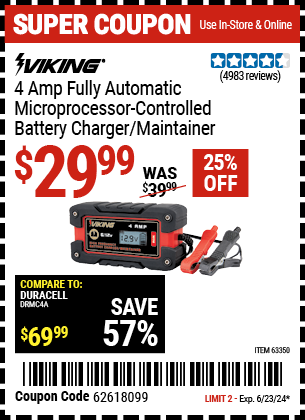 Buy the VIKING 4 Amp Fully Automatic Microprocessor Controlled Battery Charger/Maintainer (Item 63350) for $29.99, valid through 6/23/2024.
