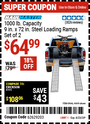 Buy the HAUL-MASTER 1000 lb. Capacity, 9 in. x 72 in. Steel Loading Ramps Set of Two (Item 44649/69646) for $64.99, valid through 6/23/2024.