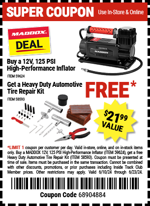 MADDOX DEAL: Buy a 12V, 125 PSI High-Performance Inflator, Get a Heavy Duty Automotive Tire Repair Kit FREE, valid through 6/23/2024.