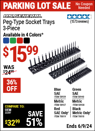 Buy the U.S. GENERAL Peg-Type Socket Tray, 3 Pc. (Item 58937/58938/58939/58940/70018/70019) for $15.99, valid through 6/9/2024.