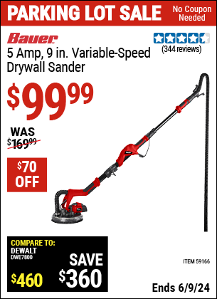 Buy the BAUER 5 Amp 9 in. Variable Speed Drywall Sander (Item 59166) for $99.99, valid through 6/9/2024.