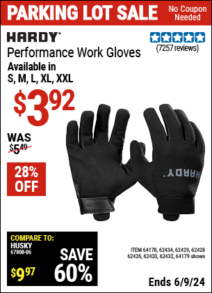 Buy the HARDY Performance Work Gloves (Item 62432/62429/62433/62428/62434/62426/64178/64179) for $3.92, valid through 6/9/2024.