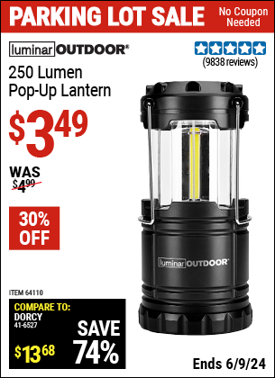 Buy the LUMINAR OUTDOOR 250 Lumen Pop-Up Lantern (Item 64110) for $3.49, valid through 6/9/2024.