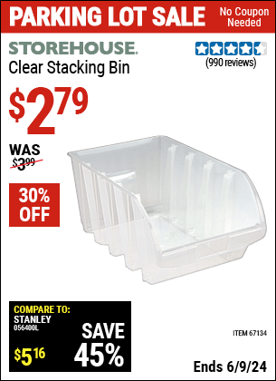 Buy the STOREHOUSE Clear Stacking Bin (Item 67134) for $2.79, valid through 6/9/2024.