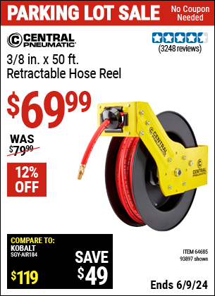 Buy the CENTRAL PNEUMATIC 3/8 in. X 50 ft. Retractable Hose Reel (Item 93897/64685) for $69.99, valid through 6/9/2024.