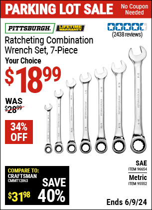 Buy the PITTSBURGH Combination Ratcheting Wrench Set 7 Pc. (Item 95552/96654) for $18.99, valid through 6/9/2024.