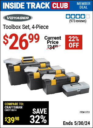 Inside Track Club members can buy the VOYAGER Toolbox Set 4 Pc. (Item 03721) for $26.99, valid through 5/30/2024.