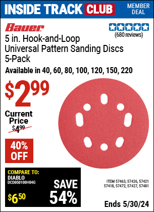 Inside Track Club members can buy the BAUER 5 in. Hook and Loop Universal Pattern Sanding Discs, 5 Pk. (Item 57427/57463/57426/57421/57481/57418/57472) for $2.99, valid through 5/30/2024.