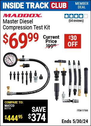 Inside Track Club members can buy the MADDOX Master Diesel Compression Test Kit (Item 57588) for $69.99, valid through 5/30/2024.