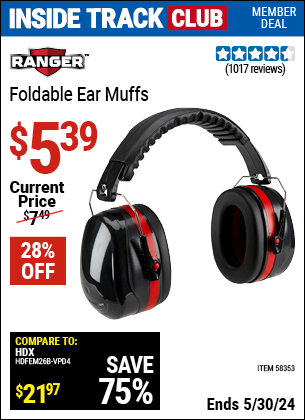 Inside Track Club members can buy the RANGER Foldable Ear Muffs (Item 58353) for $5.39, valid through 5/30/2024.