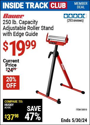 Inside Track Club members can buy the BAUER Adjustable Roller Stand with Edge Guide (Item 58810) for $19.99, valid through 5/30/2024.
