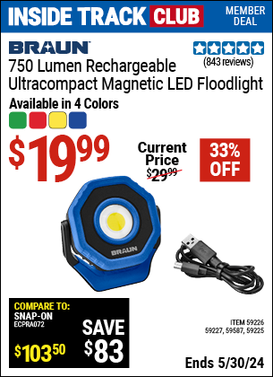Inside Track Club members can buy the BRAUN 750 Lumen LED Ultracompact Magnetic Rechargeable Floodlight (Item 59227/59587/59226/59225) for $19.99, valid through 5/30/2024.