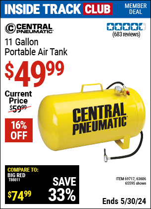 Inside Track Club members can buy the CENTRAL PNEUMATIC 11 Gallon Portable Air Tank (Item 65595/69717/63606) for $49.99, valid through 5/30/2024.