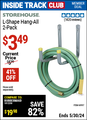 Inside Track Club members can buy the STOREHOUSE L-Shape Hang-All 2 Pk. (Item 68997) for $3.49, valid through 5/30/2024.