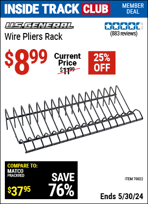 Inside Track Club members can buy the U.S. GENERAL Wire Pliers Rack (Item 70022) for $8.99, valid through 5/30/2024.