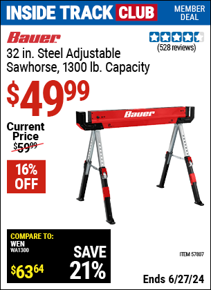 Inside Track Club members can Buy the BAUER 1300 lb. Capacity Steel Sawhorse (Item 57807) for $49.99, valid through 6/27/2024.