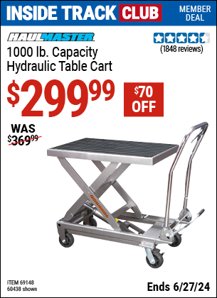 Inside Track Club members can Buy the HAUL-MASTER 1000 lb. Capacity Hydraulic Table Cart (Item 60438/69148) for $299.99, valid through 6/27/2024.