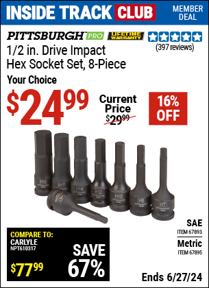 Inside Track Club members can Buy the PITTSBURGH 1/2 in. Drive Impact Hex Socket Set, 8 Pc (Item 67895/67893) for $24.99, valid through 6/27/2024.