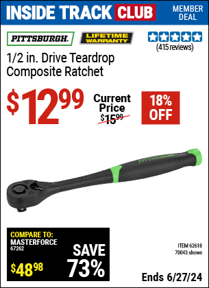Inside Track Club members can Buy the PITTSBURGH 1/2 in. Drive Composite Ratchet (Item 70043/62618) for $12.99, valid through 6/27/2024.