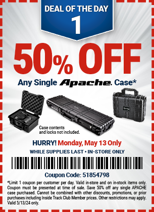 Save 50% Off Any Single Apache Case, valid through 5/13/2024.