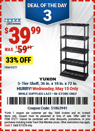 Buy the YUKON 5-Tier Shelf, 36 in. x 18 in. x 72 in. (Item 57277) for $39.99, valid through 5/15/2024.