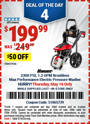 Buy the BAUER 2300 PSI 1.2, GPM Brushless Max Performance Electric Pressure Washer (Item 57656) for $199.99, valid through 5/16/2024.