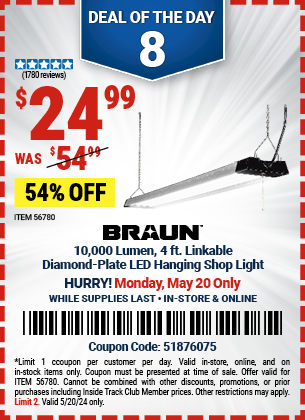 Buy the BRAUN 10,000 Lumen 4 ft. Linkable Diamond Plate LED Hanging Shop Light (Item 56780) for $24.99, valid through 5/20/2024.