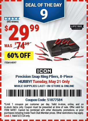 Buy the ICON Precision Snap Ring Pliers 8 Pc. (Item 64597) for $29.99, valid through 5/21/2024.