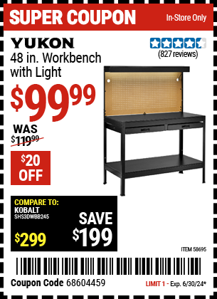 Buy the YUKON 48 in. Workbench with Light (Item 58695) for $99.99, valid through 6/30/2024.
