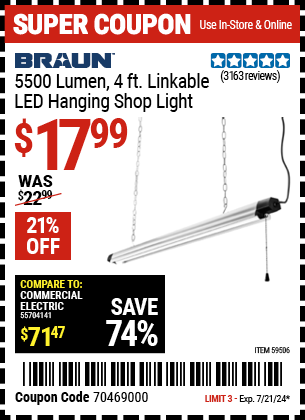 Buy the BRAUN 5500 Lumen, 4 ft. Linkable LED Hanging Shop Light (Item 59506) for $17.99, valid through 7/21/2024.