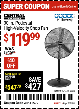 Buy the High-Velocity Shop Fans (Item 47755/61845) for $119.99, valid through 7/7/2024.