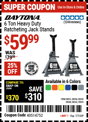 Buy the DAYTONA 6 Ton Heavy Duty Ratcheting Jack Stands, Black (Item 58342/58348/58349/58350/58351/70594) for $59.99, valid through 7/7/2024.