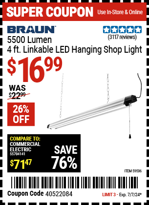 Buy the BRAUN 5500 Lumen, 4 ft. Linkable LED Hanging Shop Light (Item 59506) for $16.99, valid through 7/7/2024.