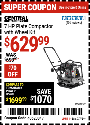 Buy the CENTRAL MACHINERY 6.5 HP Plate Compactor with Wheel Kit (Item 70167) for $629.99, valid through 7/7/2024.